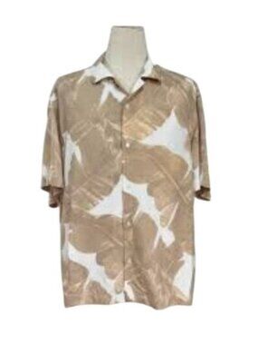 H&M Mens Beige & White Leaf Print Short-Sleeve Button-Up Shirt Regular Fit Sz L